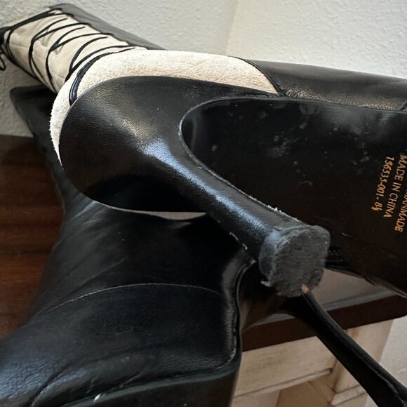 Vintage Black Leather White/Cream Suede w/Lace Detail Stiletto Boots - Picture 8 of 16